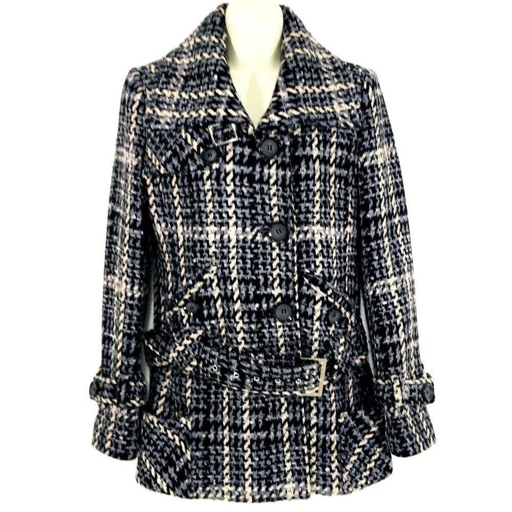Moda International Retro Peacoat Sz S Wool Blend Pink/Gray /Black Belted